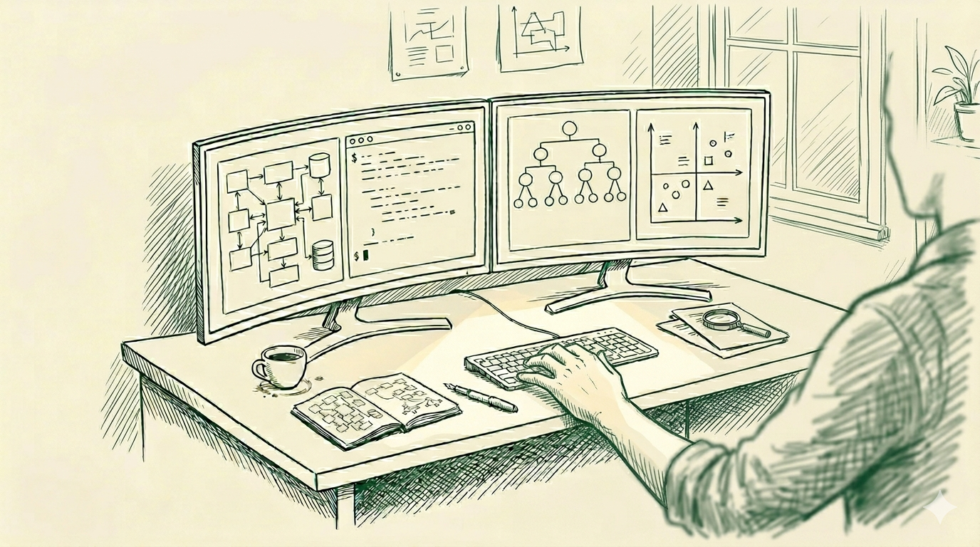 Illustration of a desk with dual monitors showing code, system diagrams and charts, with a sketchbook, coffee cup and keyboard