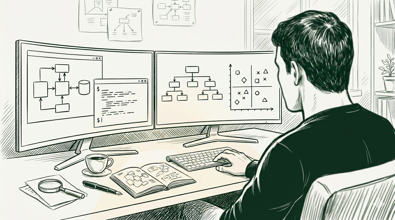 Illustration of a desk with dual monitors showing code, system diagrams and charts, with a sketchbook, coffee cup and keyboard